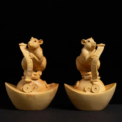 2Pcs Ingot Mouse Boxwood Sculpture Living Room Decoration Feng Shui Solid Wood Crafts Lucky Zodiac Rat Statue Home Decor