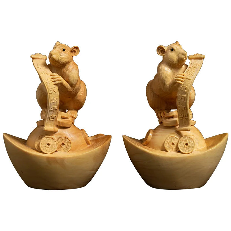 2Pcs Ingot Mouse Boxwood Sculpture Living Room Decoration Feng Shui Solid Wood Crafts Lucky Zodiac Rat Statue Home Decor