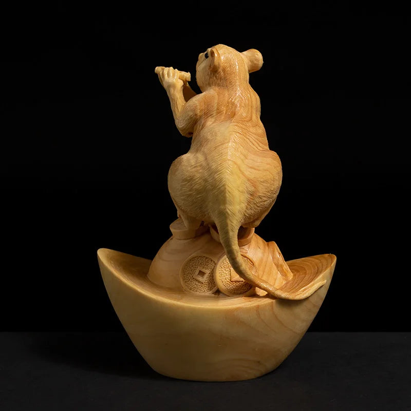 2Pcs Ingot Mouse Boxwood Sculpture Living Room Decoration Feng Shui Solid Wood Crafts Lucky Zodiac Rat Statue Home Decor