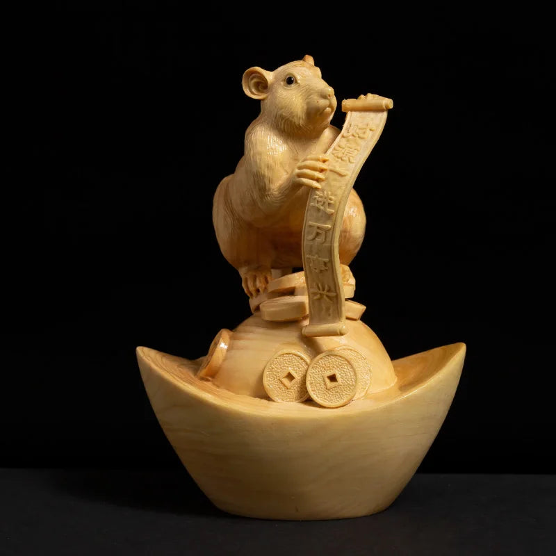 2Pcs Ingot Mouse Boxwood Sculpture Living Room Decoration Feng Shui Solid Wood Crafts Lucky Zodiac Rat Statue Home Decor