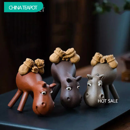 Yixing Purple Clay Tea Pet Lucky Donkey Statue Ornaments Tea Figurine Sculpture Crafts Chinese Handmade Zisha Tea Set Decoration