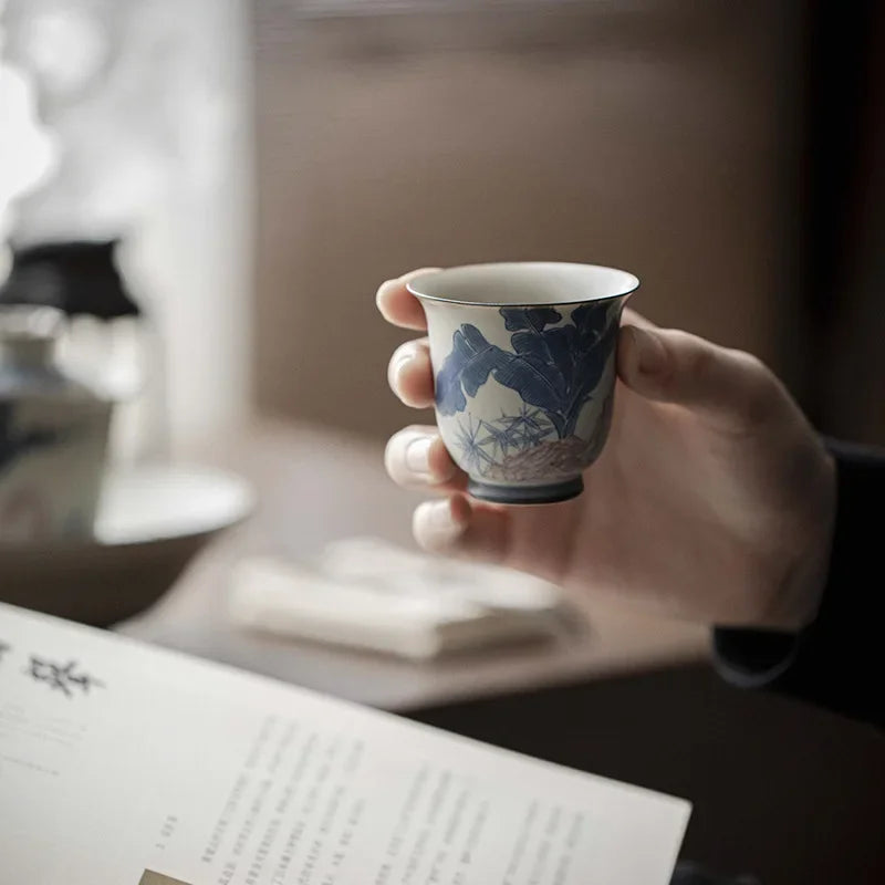 2pc/Set Antique Hand-painted Banana Ceramic Tea Cup Handmade Calligraphy Art Master Cup Small Tasting Mug Kung Fu Tea Set 50ml