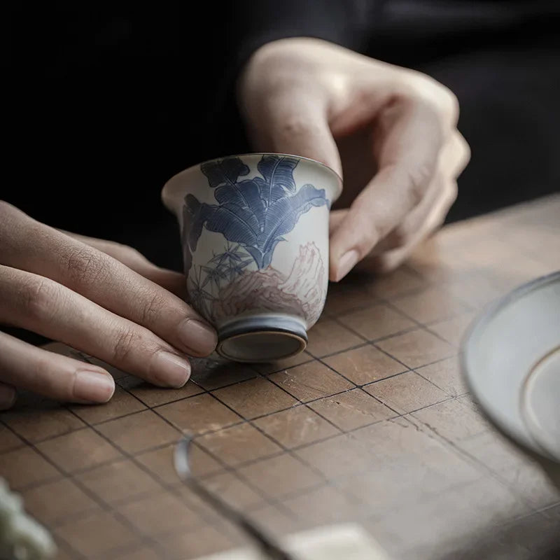 2pc/Set Antique Hand-painted Banana Ceramic Tea Cup Handmade Calligraphy Art Master Cup Small Tasting Mug Kung Fu Tea Set 50ml