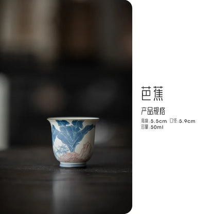 2pc/Set Antique Hand-painted Banana Ceramic Tea Cup Handmade Calligraphy Art Master Cup Small Tasting Mug Kung Fu Tea Set 50ml