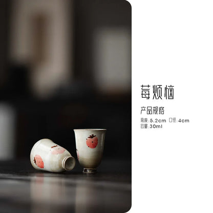 2pc/Set Hand-painted Strawberry Ceramic Tea Cup Japanese Powder Cited Small Master Cup Tall Juxiang Cup Kung Fu Tea Set 30ml