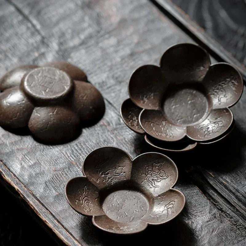 2pc/Set Made Old Brass Petals Teacup Coasters Retro Gilt Silver Saucer Tea Bowl Holder Kung Fu Teaset Tea Ceremony Accessories