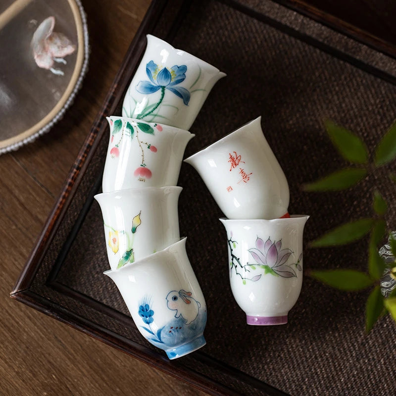 2pc/set Pure Hand Painted Magnolia Ceramic Tea Cup Scholar Female Smell Cup Small Fragrance Master Mug Kung Fu Tea Set Gift 50ml