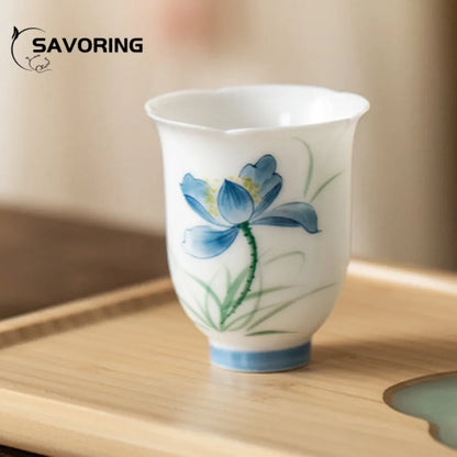 2pc/set Pure Hand Painted Magnolia Ceramic Tea Cup Scholar Female Smell Cup Small Fragrance Master Mug Kung Fu Tea Set Gift 50ml