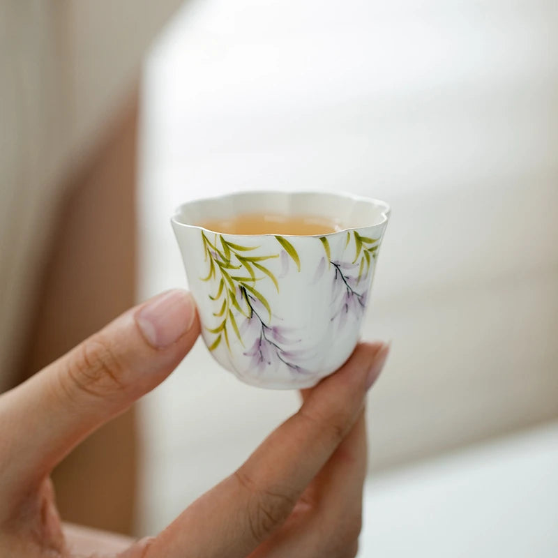 2pc/set Pure Hand-painted Wisteria Flower Teacup Creative Drawing Silver Fragrance Cup Petal Master Mug Teaset Ornaments 38ml