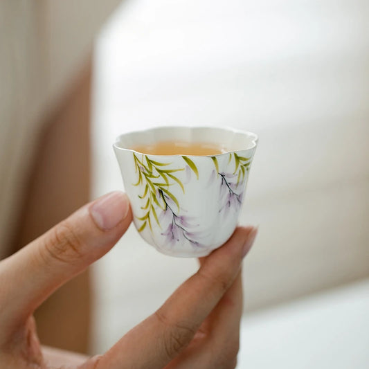 2pc/set Pure Hand-painted Wisteria Flower Teacup Creative Drawing Silver Fragrance Cup Petal Master Mug Teaset Ornaments 38ml