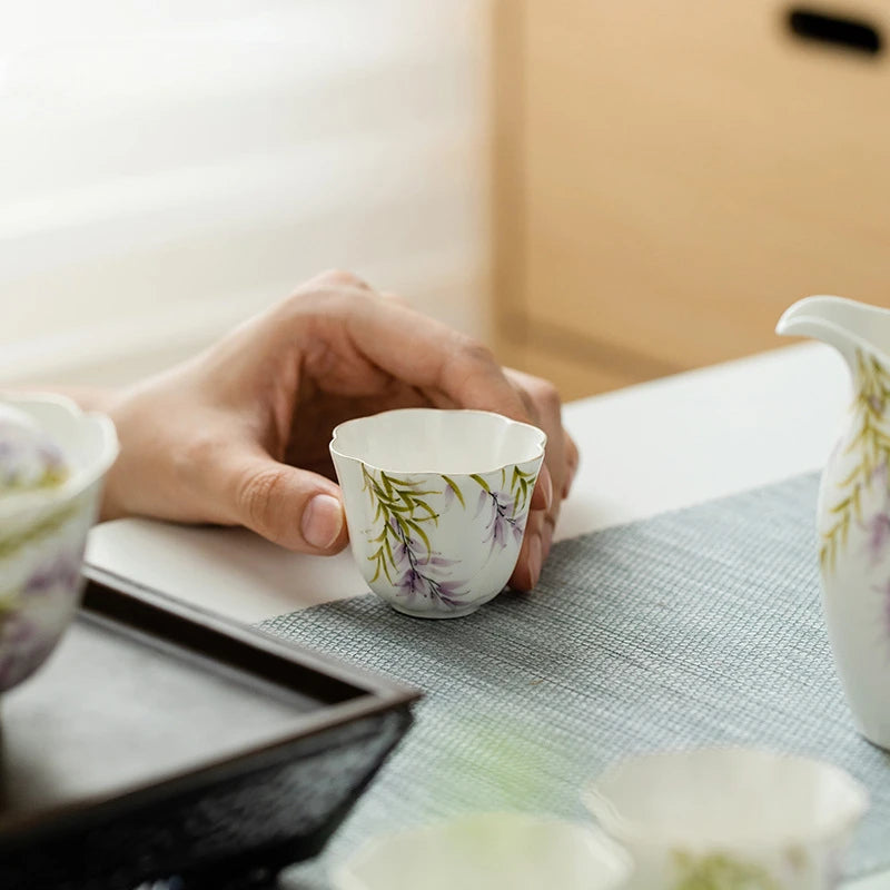 2pc/set Pure Hand-painted Wisteria Flower Teacup Creative Drawing Silver Fragrance Cup Petal Master Mug Teaset Ornaments 38ml