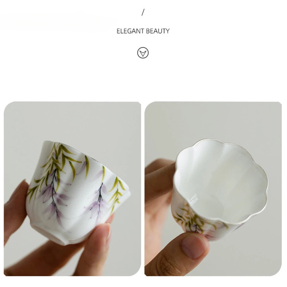 2pc/set Pure Hand-painted Wisteria Flower Teacup Creative Drawing Silver Fragrance Cup Petal Master Mug Teaset Ornaments 38ml