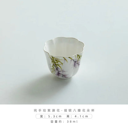 2pc/set Pure Hand-painted Wisteria Flower Teacup Creative Drawing Silver Fragrance Cup Petal Master Mug Teaset Ornaments 38ml