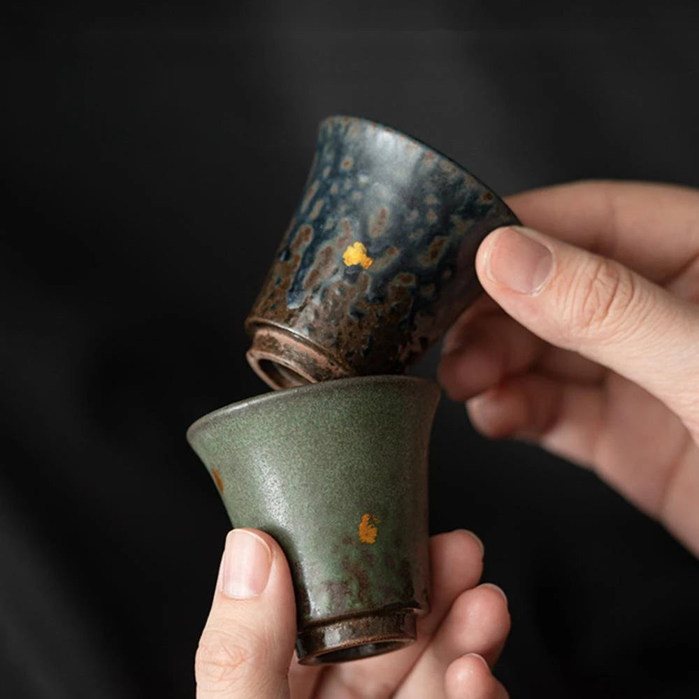2pc/set Retro Bronze Glaze Teacup Zen Sprinkle Gold Tea Pair Jug Old Rock Mud Fragrance Smelling Cup Tableware Ornaments 50ml
