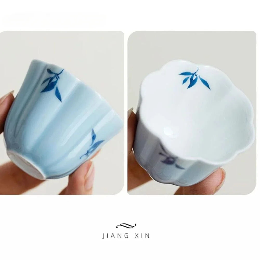 2pc/set Sky Blue Glazed Petal Teacup Pure Hand Painted Butterfly Orchid Ceramic Smell Fragrance Cup Small Master Cup Teaset 35ml