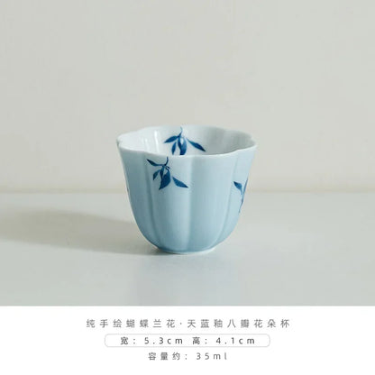2pc/set Sky Blue Glazed Petal Teacup Pure Hand Painted Butterfly Orchid Ceramic Smell Fragrance Cup Small Master Cup Teaset 35ml