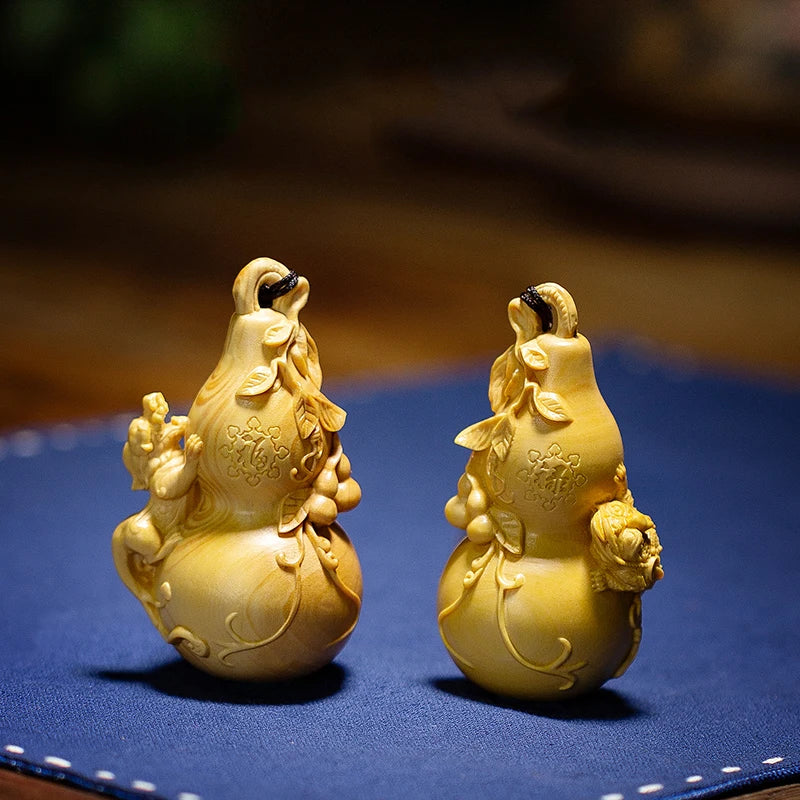 2pcs Boxwood 8cm Gourd Sculpture Wood Carving Blessing Pendant Rich Car Hanging Lucky Statue Home Decor