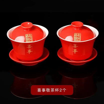2pcs Chinese Ceramic Tea Tureen Handmade Boutique Gaiwan Tea Bowl Red Teaware Supplies Portable with Lid Teacup Wedding Tea Set