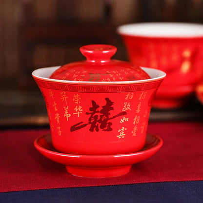 2pcs Chinese Ceramic Tea Tureen Handmade Boutique Gaiwan Tea Bowl Red Teaware Supplies Portable with Lid Teacup Wedding Tea Set