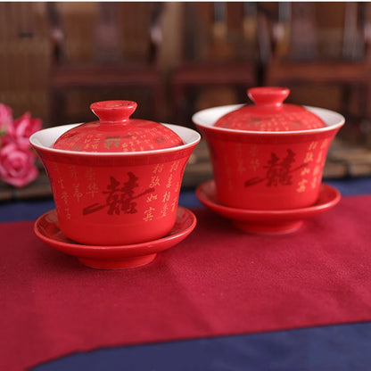 2pcs Chinese Ceramic Tea Tureen Handmade Boutique Gaiwan Tea Bowl Red Teaware Supplies Portable with Lid Teacup Wedding Tea Set
