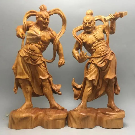 2pcs Chinese Heng Ha Two God Boxwood Feng Shui Wood Sculpture Door God Wood Buddha Statue Home Decor