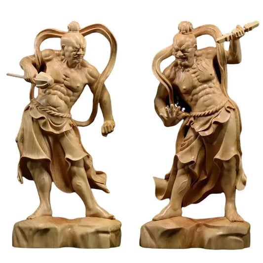 2pcs Chinese Heng Ha Two God Boxwood Feng Shui Wood Sculpture Door God Wood Buddha Statue Home Decor
