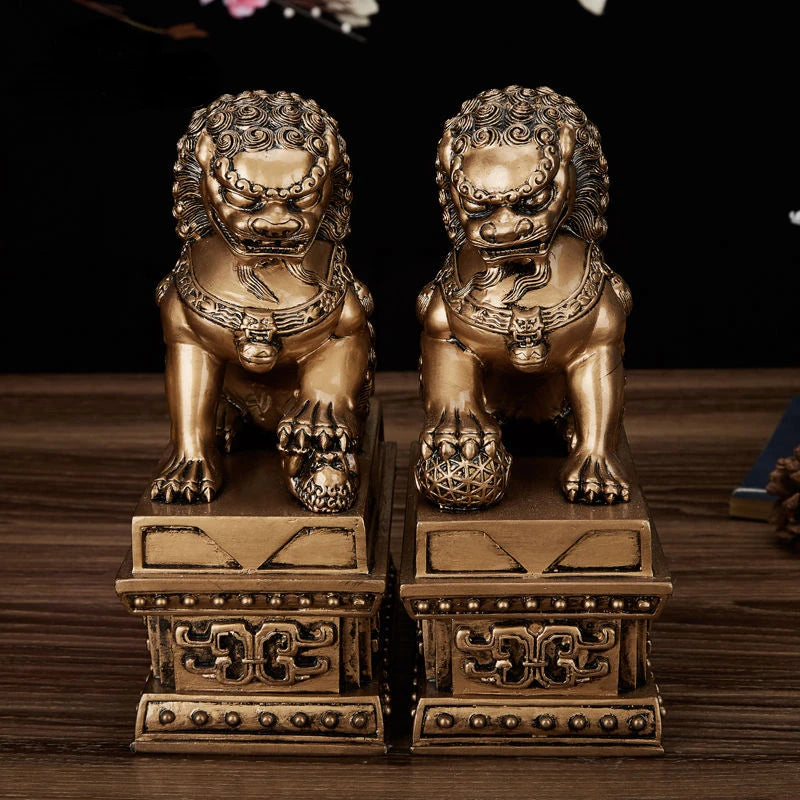 2pcs Chinese Style Lucky Lion Statue Resin Mighty Lion Evil Spirits Crafts Home Office Retro  Decorative Statue