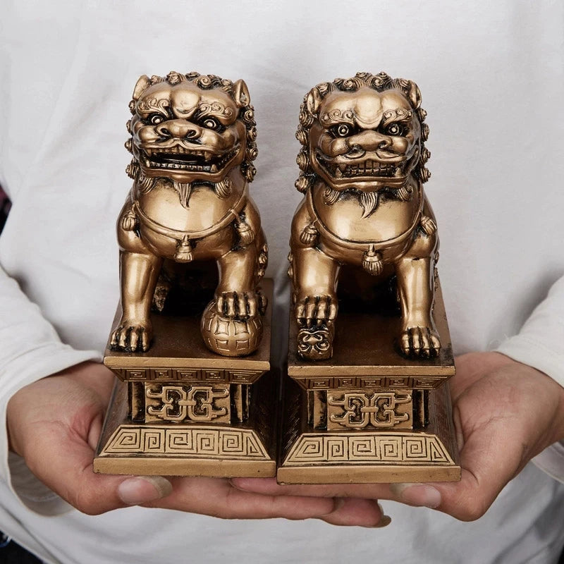 2pcs Chinese Style Lucky Lion Statue Resin Mighty Lion Evil Spirits Crafts Home Office Retro  Decorative Statue
