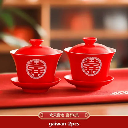 2pcs Chinese Wedding Tea Set Red Ceramic Gaiwan Teapot High Quality Porcelain with Cover Teacup Portable Tea Maker Home Teaware
