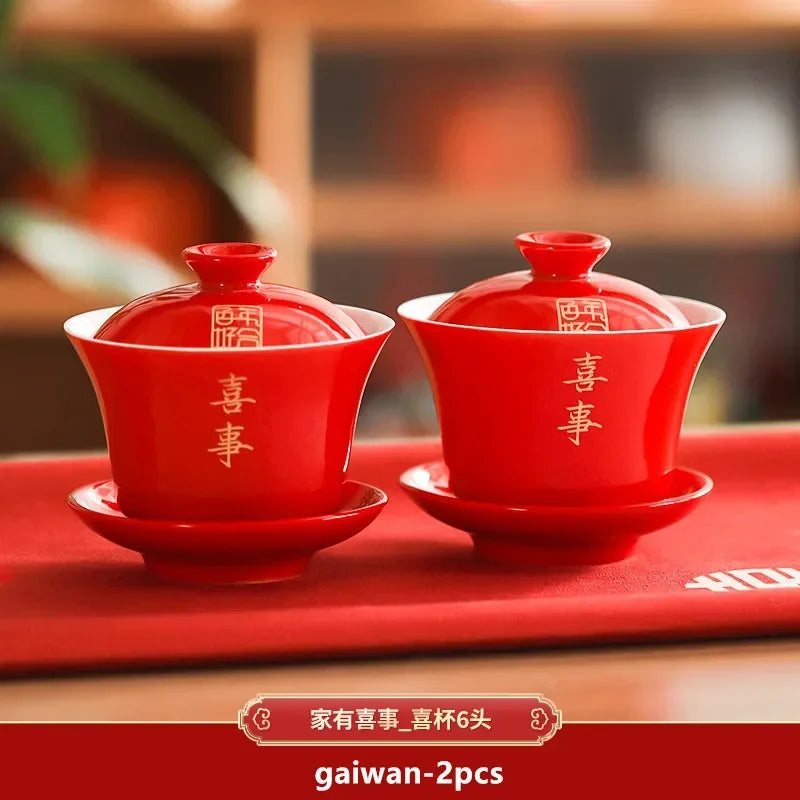 2pcs Chinese Wedding Tea Set Red Ceramic Gaiwan Teapot High Quality Porcelain with Cover Teacup Portable Tea Maker Home Teaware