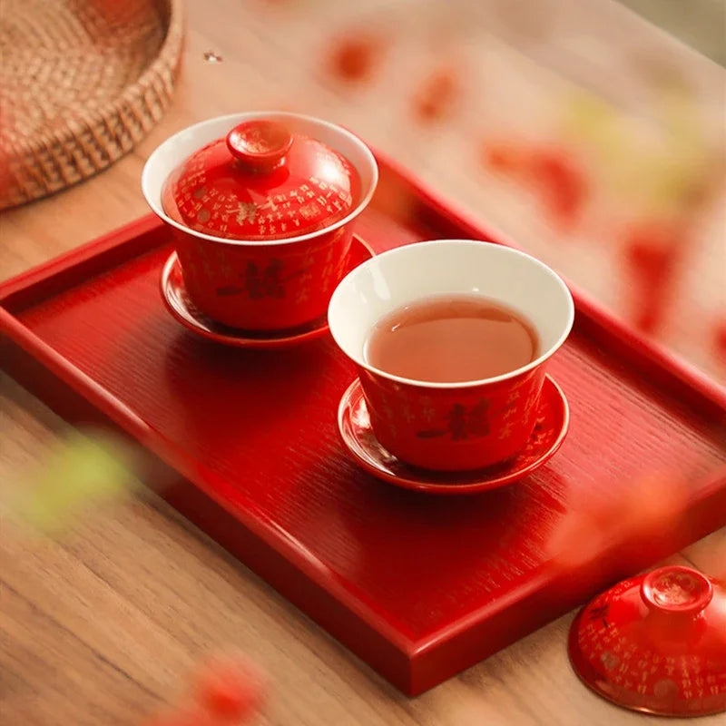 2pcs Chinese Wedding Tea Set Red Ceramic Gaiwan Teapot High Quality Porcelain with Cover Teacup Portable Tea Maker Home Teaware