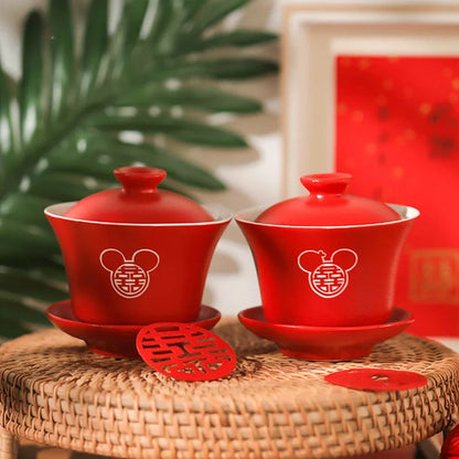 2pcs Chinese Wedding Tea Set Red Ceramic Gaiwan Teapot High Quality Porcelain with Cover Teacup Portable Tea Maker Home Teaware
