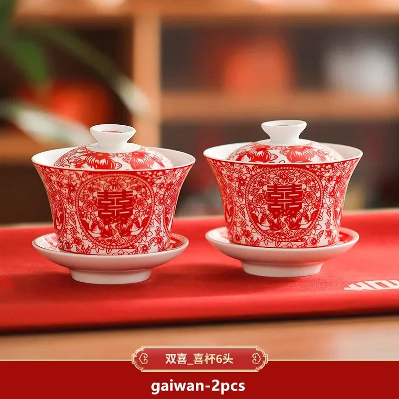 2pcs Chinese Wedding Tea Set Red Ceramic Gaiwan Teapot High Quality Porcelain with Cover Teacup Portable Tea Maker Home Teaware