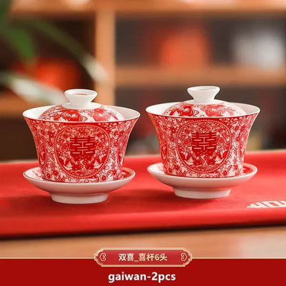 2pcs Chinese Wedding Tea Set Red Ceramic Gaiwan Teapot High Quality Porcelain with Cover Teacup Portable Tea Maker Home Teaware