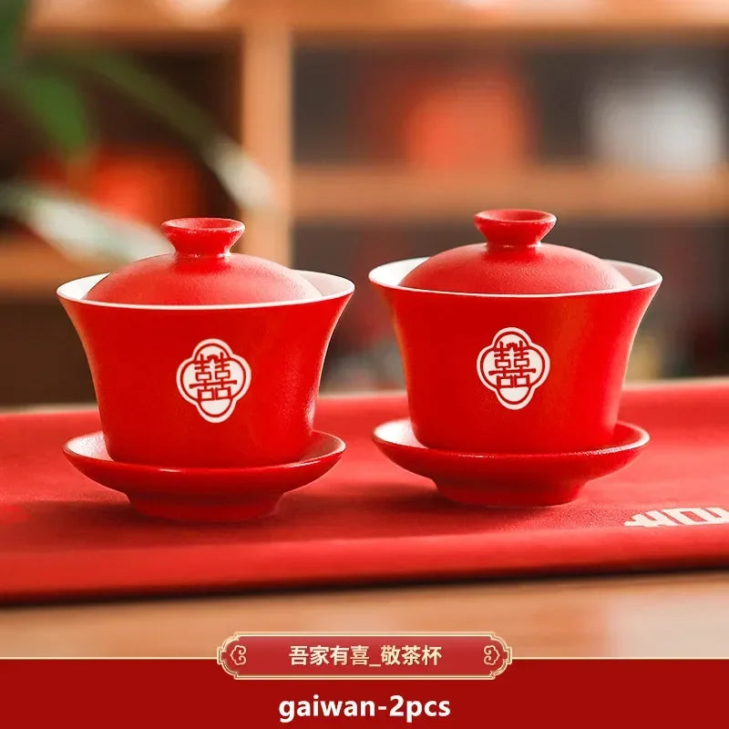 2pcs Chinese Wedding Tea Set Red Ceramic Gaiwan Teapot High Quality Porcelain with Cover Teacup Portable Tea Maker Home Teaware