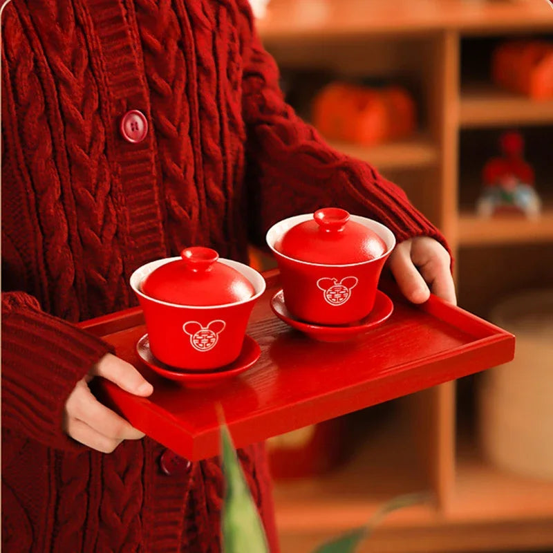 2pcs Chinese Wedding Tea Set Red Ceramic Gaiwan Teapot High Quality Porcelain with Cover Teacup Portable Tea Maker Home Teaware