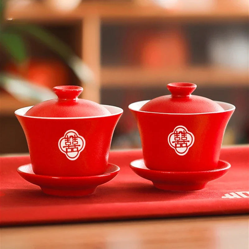 2pcs Chinese Wedding Tea Set Red Ceramic Gaiwan Teapot High Quality Porcelain with Cover Teacup Portable Tea Maker Home Teaware