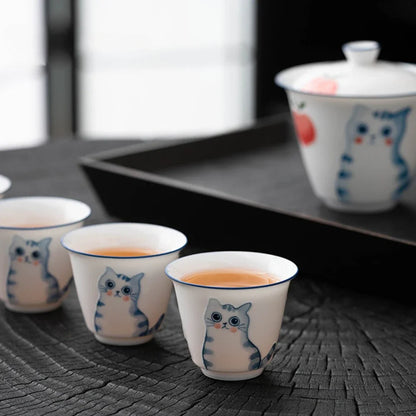2pcs/et Hand Painted Cute Cat Ceramic Teacup Cute Cup Fragrance Cup Smelling Cup Bamboo Joint Master Cup Chinese Teaset Ornament