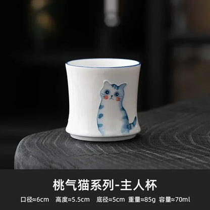 2pcs/et Hand Painted Cute Cat Ceramic Teacup Cute Cup Fragrance Cup Smelling Cup Bamboo Joint Master Cup Chinese Teaset Ornament