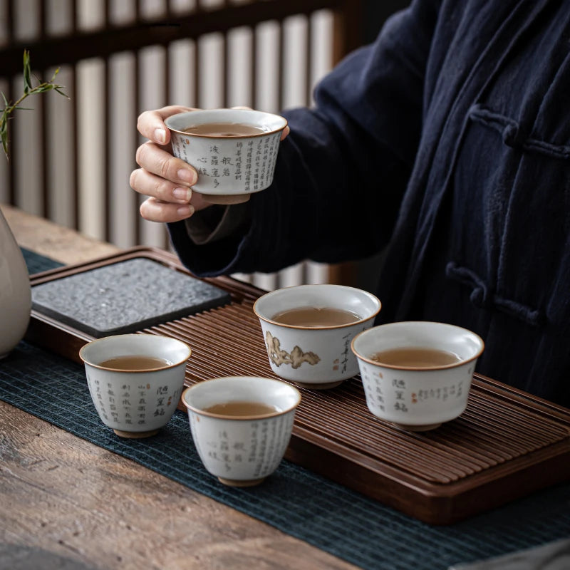 2pcs/lot Chinese Retro Ru Kiln Ceramic Teacup Chinese lettering pottery Tea Bowl Master Personal Single Cup travel Teaware