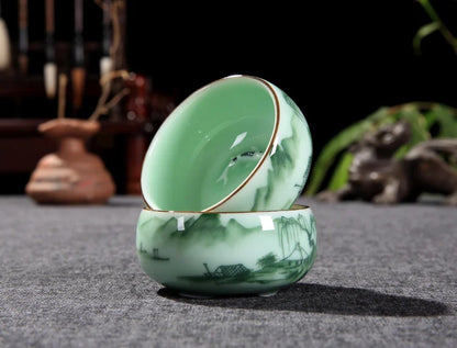 2pcs/lot Chinese tea cup porcelain handpainted cup mountain-river bamboo print China cup of tea fish relief beautiful cups 75ml