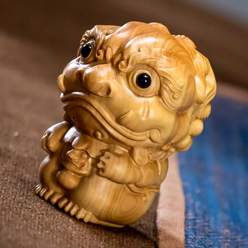 3/5CM Boxwood Cartoons Lion Wood Statue Pendant Collection Feng Shui Lucky Animal Sculpture Home Decor