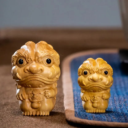 3/5CM Boxwood Cartoons Lion Wood Statue Pendant Collection Feng Shui Lucky Animal Sculpture Home Decor