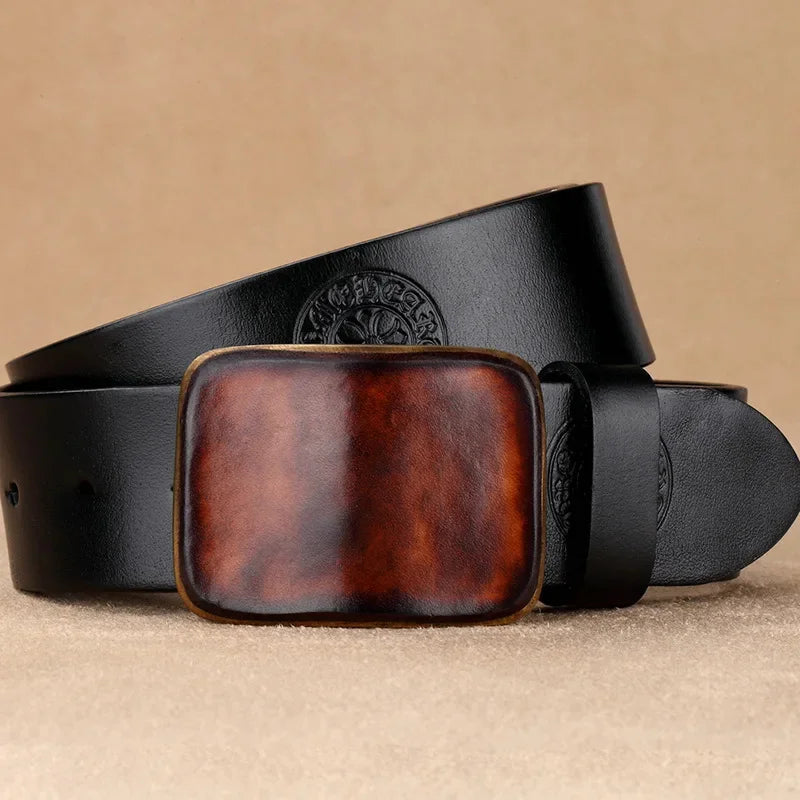 3.8CM Wide Copper Men's High-quality Casual Simple Leather Smooth Buckle Belt Men Solid