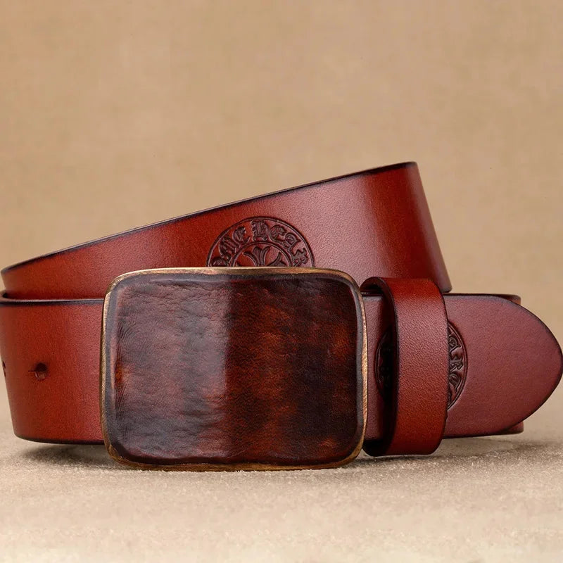 3.8CM Wide Copper Men's High-quality Casual Simple Leather Smooth Buckle Belt Men Solid