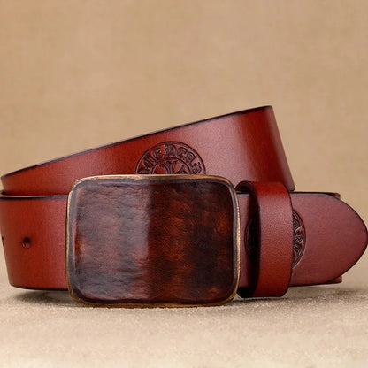 3.8CM Wide Copper Men's High-quality Casual Simple Leather Smooth Buckle Belt Men Solid