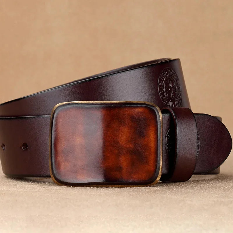 3.8CM Wide Copper Men's High-quality Casual Simple Leather Smooth Buckle Belt Men Solid
