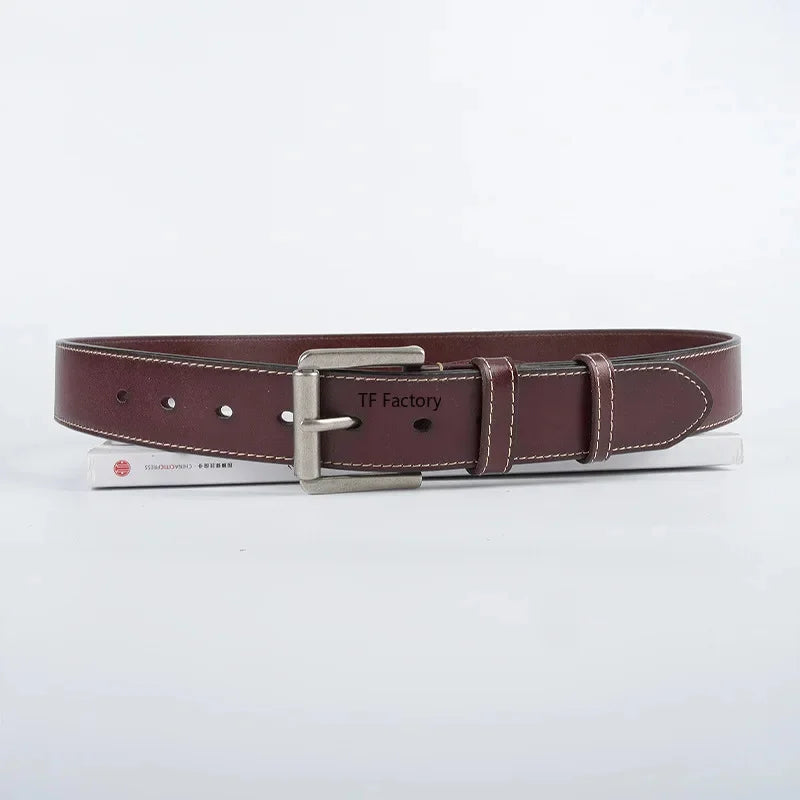 3.8cm Men's Full-grain Leather Vintage Designer Classic Needle Buckle Top Layer Cowhide Belt for Men