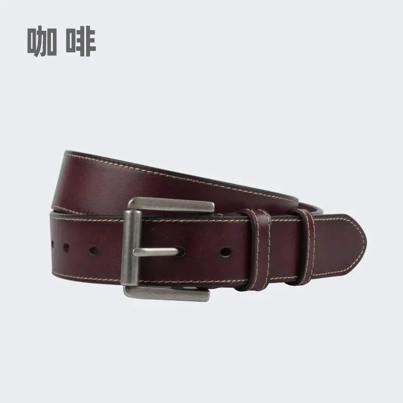 3.8cm Men's Full-grain Leather Vintage Designer Classic Needle Buckle Top Layer Cowhide Belt for Men
