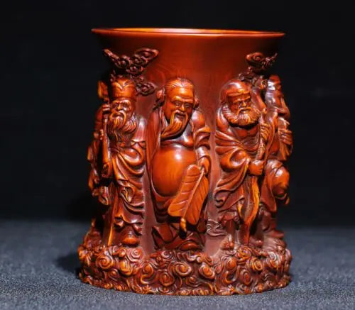3.9" Collect China Box-Wood Hand Carving The Eight Immortals Brush Pot Staue